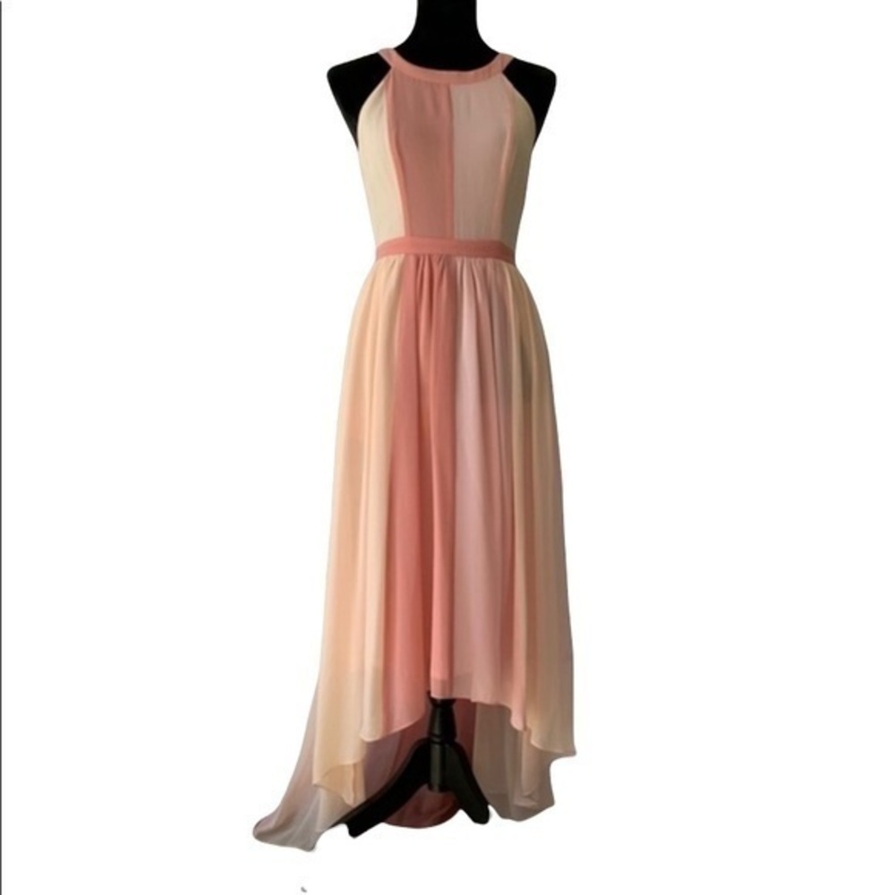 Chiffon Two Tone Peach Color Block Hi Low Romantic Maxi Dress Whimsical